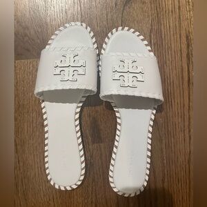 Tory Burch Everly Slide Sandals White Leather Logo – Size 9 – New